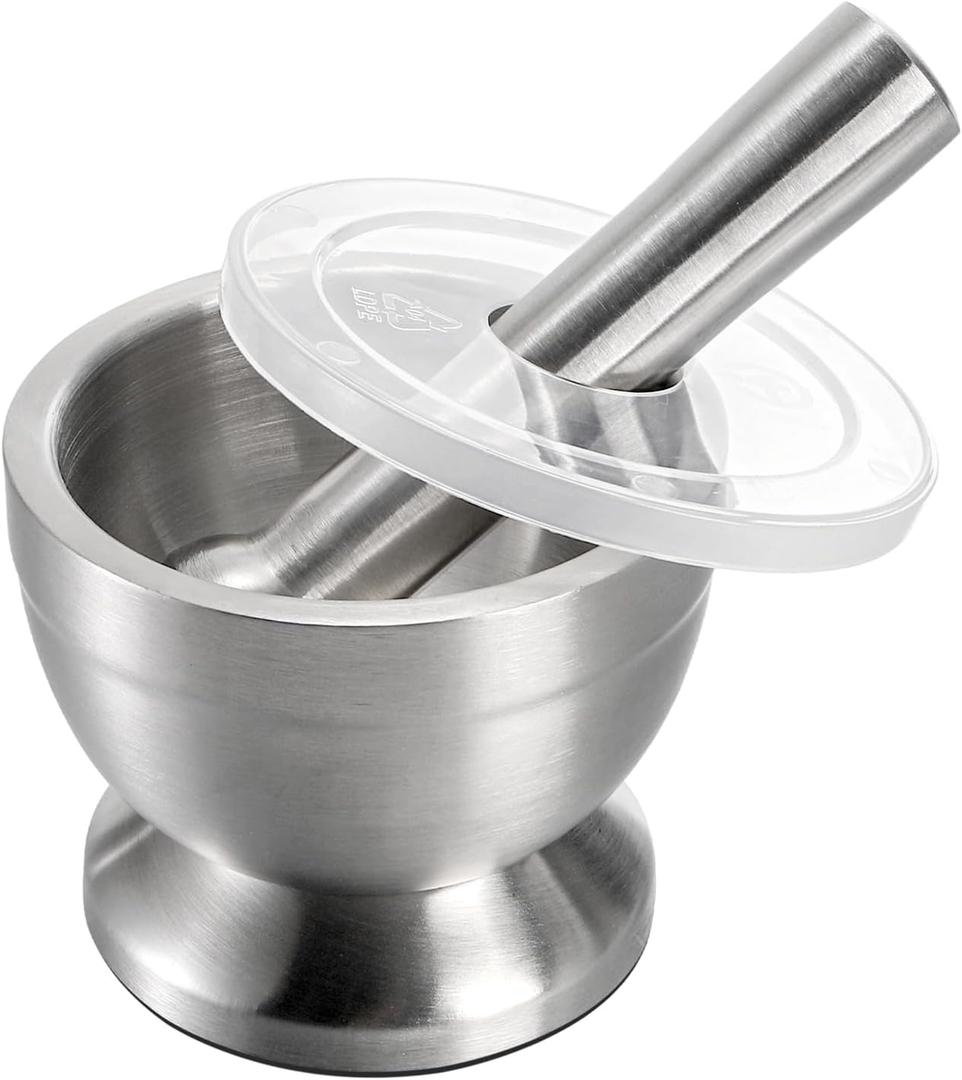 Bekith Mortar and Pestle Sets 18/8 Brushed Stainless Steel Spice Grinder Pill Crusher Molcajete Herb Bowl