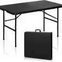 SUPER DEAL Portable 4 Foot Plastic Folding Table, Indoor Outdoor Heavy Duty Fold-in-Half Picnic Party Camping Barbecues Table with Carrying Handle, Black