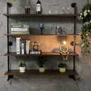 Industrial Pipe Wall Shelves With Real Wood Plank, 48 Inches Floating Shelves for Wall, 4 Tier Farmhouse Book Shelves, Dark Brown for Kitchen, Living Room Decor and Bar