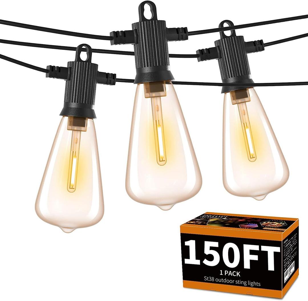ZOTOYI Outdoor String Lights 150 FT, Waterproof IP65 Outdoor Lights for Patio with 76 Edison ST38 LED Bulbs(3 Spare), Plastic LED String Lights for Outside, Bistro, Cafe, Backyard, Garden 2700K