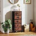 Sweetcrispy 5 Drawer Dresser with Fabric Bins, Sturdy Steel Frame and Wood Top, Storage Organizer Chest for Bedroom, Closet, Hallway, Brown