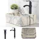 16 Inch Bathroom Vessel Sink and Faucet Combo -VOKIM 16"x12" Black White Marble Coated Porcelain Ceramic Vessel Vanity Sink Art Basin& black Faucet Combo
