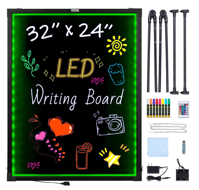 VEVOR 32"x24" LED Message Writing Board, Menu Sign Boards, Illuminated Erasable Lighted Chalkboard, Neon Effect Drawing Panel with 8 Fluorescent Chalk Markers and Remote Control