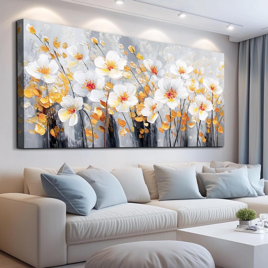 WLWBINTING Large White Flowers Wall Art, Textured Wall Decor, Farmhouse Canvas Prints Decor Artwork for Living Room Bedroom Kitchen Office,Floral Pictures Painting Ready to Hang House Home Decoration, 58"L x 29"W