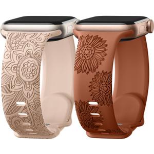 Odbeai Floral Engraved Band Compatible with Apple Watch Bands for Women 44mm 45mm 46mm 49mm,Soft Silicone Cute Sport Strap for iWatch Bands Women Series 11 10 9-1 SE Ultra1/2/3