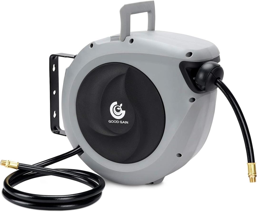 Air Hose Reel Retractable 3/8 in. x 50 ft Hybrid Polymer Hose, Retractable Auto-Rewind Enclosed Heavy Duty 180 Swivel Mount, Max 300PSI Commerical Polypropylene Grey