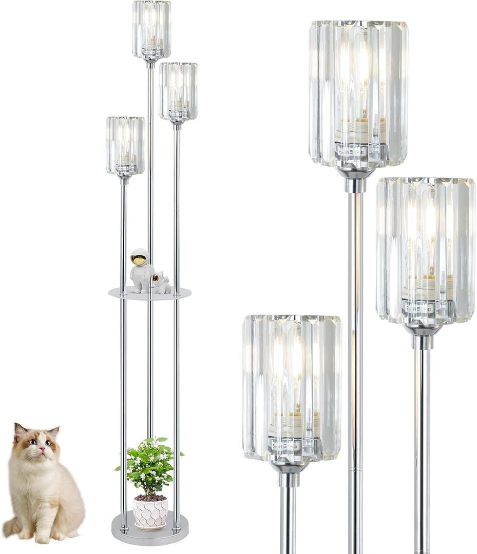 HMVPL Crystal Floor Lamps for Living Room, Modern Floor Lamp with Shelves, 3-Lights Standing Lamp with Crystal Shade, On/Off Foot Switch, Silver Corner Floor Lamp for Bedroom Living Room Office(66") (Chrome)