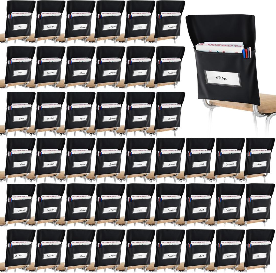 Chair Pockets for Classroom Chairback Pocket Chart 14 x 18 Inch Desk Organizer Pocket Chair Bag for Seat School Classroom(Classic,Black,48 Pcs)