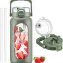 BLUEGO 64oz Glass Water Bottle with Handle and Straw, Motivational Sports Water Bottle with Time Marker and Silicone Sleeve Leakproof Drinking Bottle for Travel Gym Workout, Olive