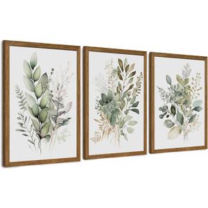 AVECCO Set of 3 Sage Green Wall Art, Watercolor Botanical Wall Decor, Wood Framed Leaf Modern Plant, Easy to Hang and Fade Resistant, Art Prints for Bedroom Living Room Home Office, 16x24 Inch