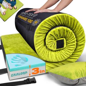 GAIALOOP 3 Inch Memory Foam Camping Mattress, Dual Layer Thick Sleeping Camp Pad for Car Tent Cot, Roll-Up Portable Glamping Floor Bed for Guests Sleepover. Queen Size