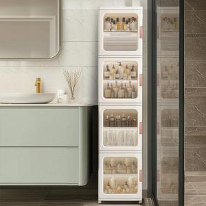 Expanded Tall Narrow Storage Cabinet with Transparent Doors and Movable Wheels,Plastic Foldable Storage Box for Small Space, Bathroom, Kitchen(4Tier,White)