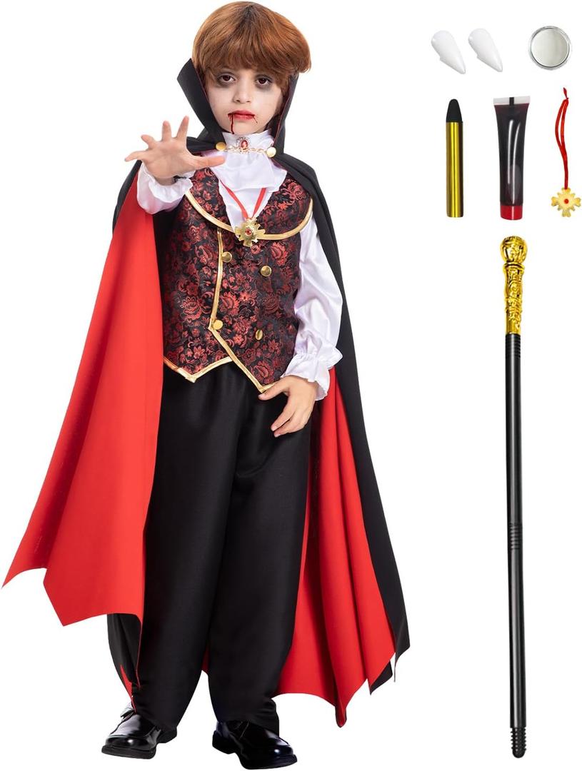 Fooecor Boys Vampire Costume - Scary Halloween Party, Teeth, Cane & Cosmetic Kit Included (Medium (8-10yr)