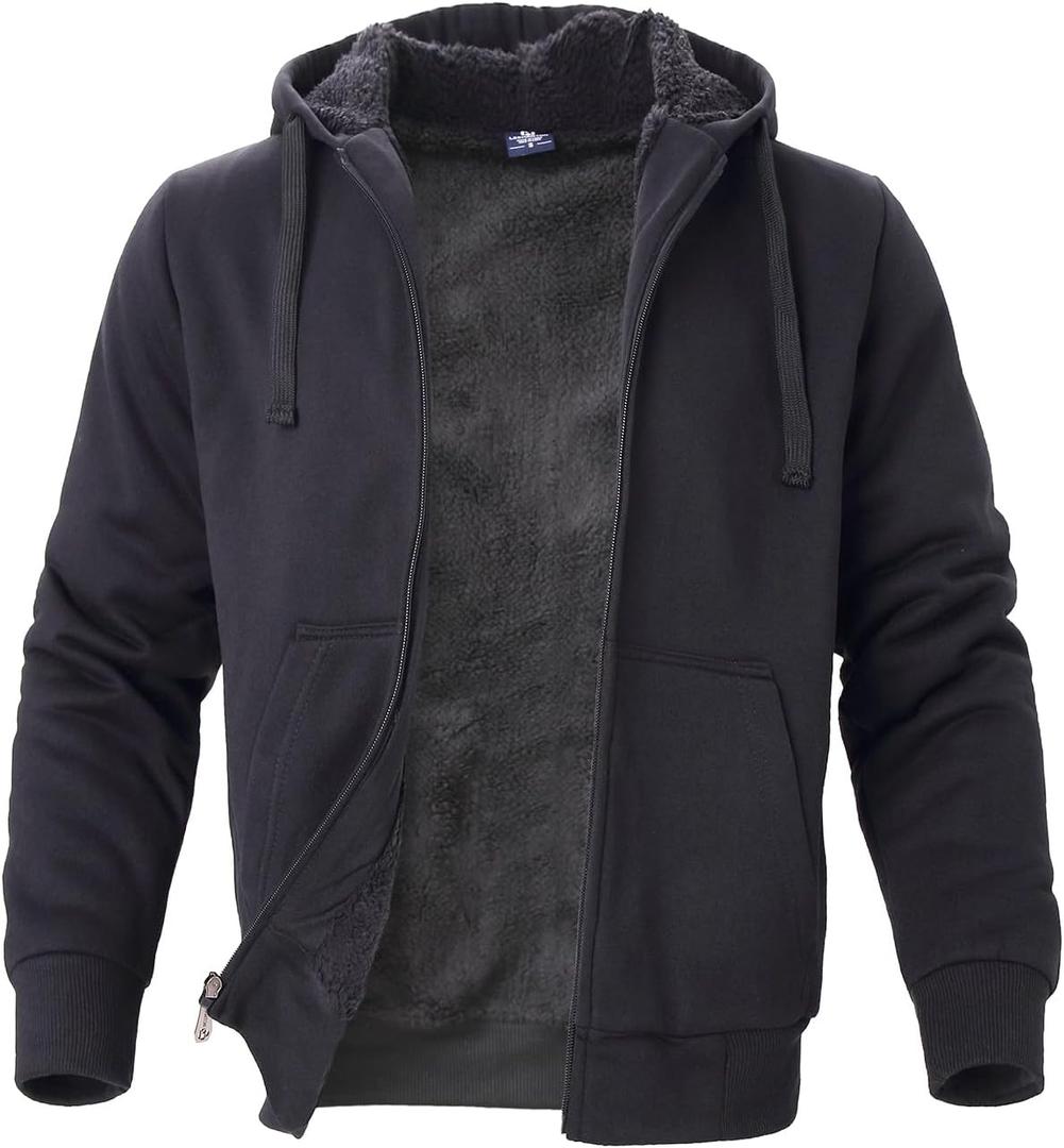 Men's Winter Jacket Heavyweight Fleece Hoodies Full Zip Up Sherpa Lined Fleece Sweatshirt Black Small (Black, S)