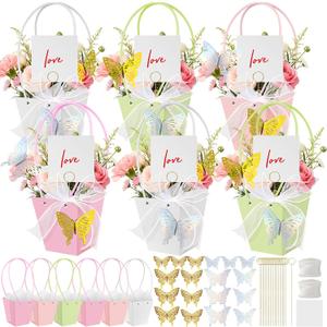 Cinrobiye Floral Gift Bags Set 12 Pcs Paper Flower Gift Bags with Handles for Bouquets Mothers Day Graduation Teacher Appreciation Birthday Wedding Back to School Year End Floral Gift Packaging Bags