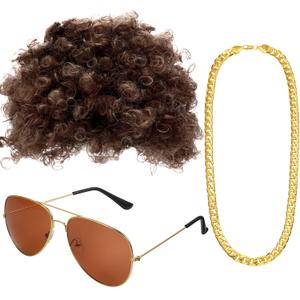 Gejoy Hippie Disco Costume Men Set Disco Wig Afro Headgear Gold Celebrity Sunglasses Funky Faux Chain for 50/60/70s Party Accessories(Brown Hair)