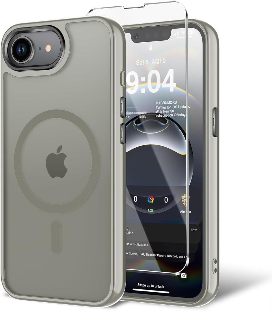 for iPhone 16E/iPhone 17E Case with Screen Protector, [Compatible with Magsafe] Ultra Slim Translucent Matte Shockproof Protection Phone Cover-Grey