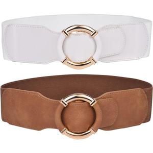 Beltox Women Elastic Belt Dress Stretchy Wide Waist Vintage Thick Cinch PU Leather (L-XXL (35-47 inch stretch range), Khaki and White 2pcs)