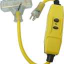 Southwire Shock Shield 15A Inline GFCI - 12/3 2' Cord - Lit Tri-Source End - Ground Fault Protection - Manual Reset - Durable Electric Cord