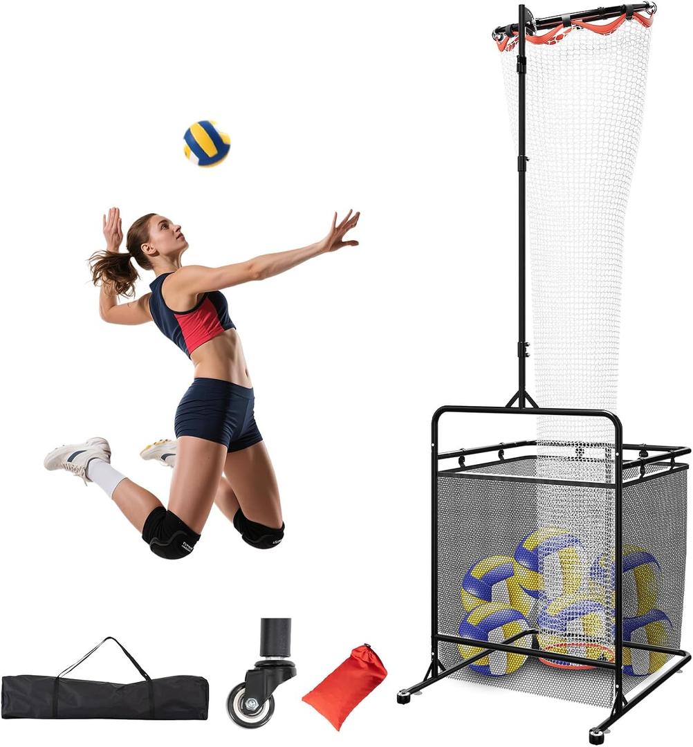 Volleyball Setter Training Equipment Volleyball Setter Training Net with Ball Collection Net Adjustable Setting Trainer (6 Angles) with 2 Target Hoops, Sandbags & Suction Cups for Indoor/Outdoor