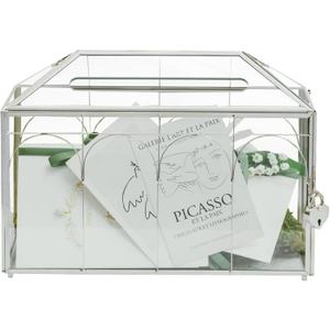 NCYP Glass Cards Box with Slot & Lock for Wedding - 12.6" x 5.9" x 9" Vintage Geometric Terrarium, Wishwell, Party, Home Reception, Tabletop Decor, Silver (Glass Box Only)
