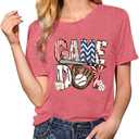 Baseball Game Day T-shirt Mom Fun Ladies Printed retro baseball pattern casual short-sleeved top Pink-S (Pink)