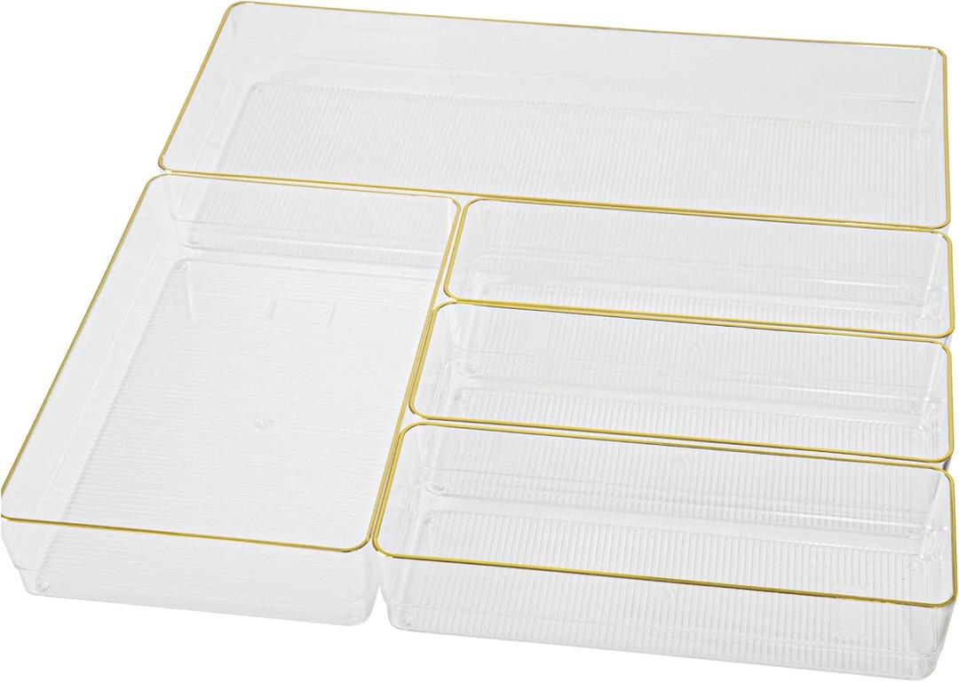 Martha Stewart Kerry Plastic Stackable Office Desk Drawer Organizers, Set of 5, with Gold Trim