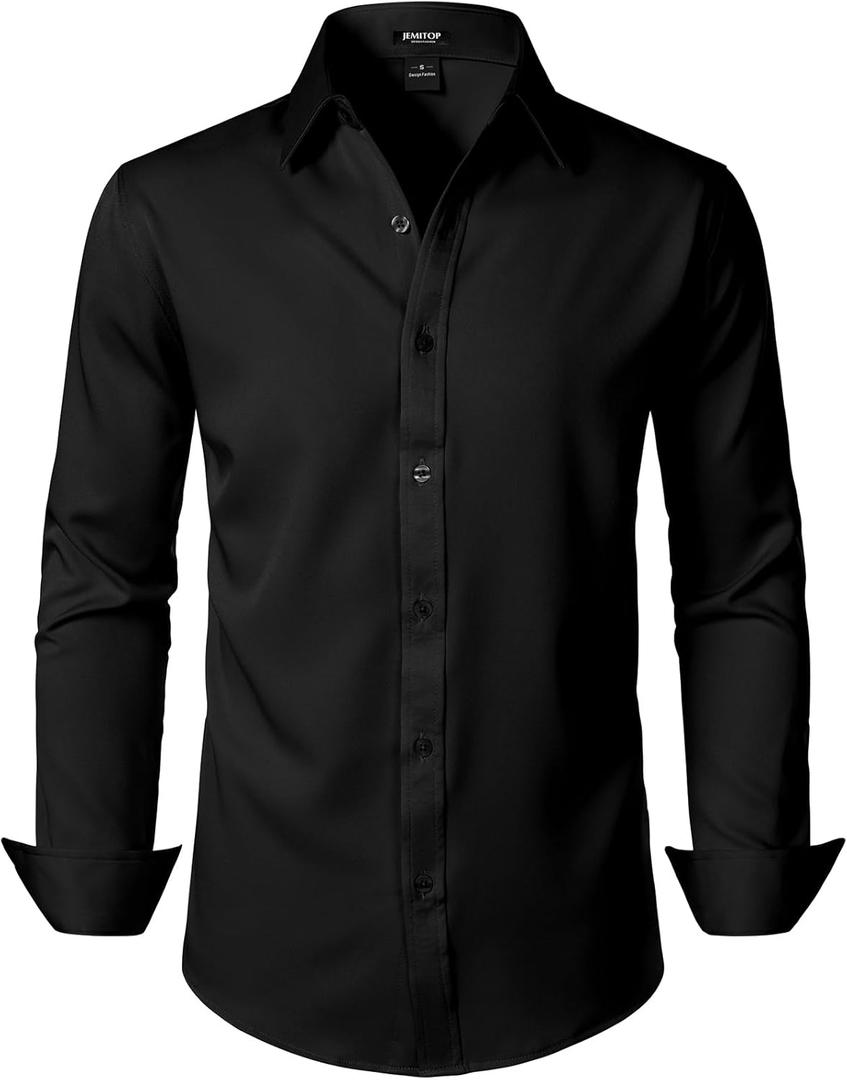 JEMITOP Men's Stretch Wrinkle-Free Soft Slim Fit Dress Shirts Long Sleeve Formal Wedding Business Casual Button Down Shirt, Large
