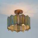 Antique Brass Ceiling Light Fixture in Drum Shape, 12.5 Semi Flush Mount Stained Tiffany Lamp with Mable Green Glass, 3 Light Round Ceiling Hanging Lighting for Foyer Hallway Bedroom Kitchen