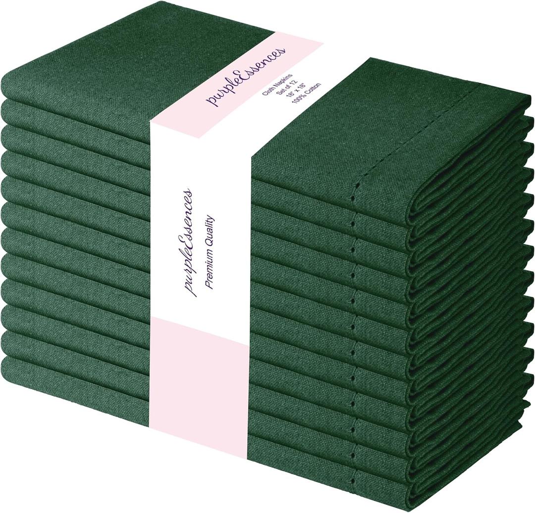 PurpleEssences Set of 12 Hemstitch Cloth Dinner Napkins 100% Cotton - Soft Durable Washable - Ideal for Wedding Christmas Holiday Winter - Perfect Everyday Use Table Linen 18x18 - Green