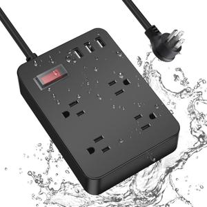 Outdoor Power Strip Weatherproof,Waterproof Surge Protector with 4 Outlets,3 USB,Shockproof Overload Protection, Multi Outlet Extension for Camping, Garden, Kitchen, Bathroom, 6ft Cord,with Flat Plug (Black)