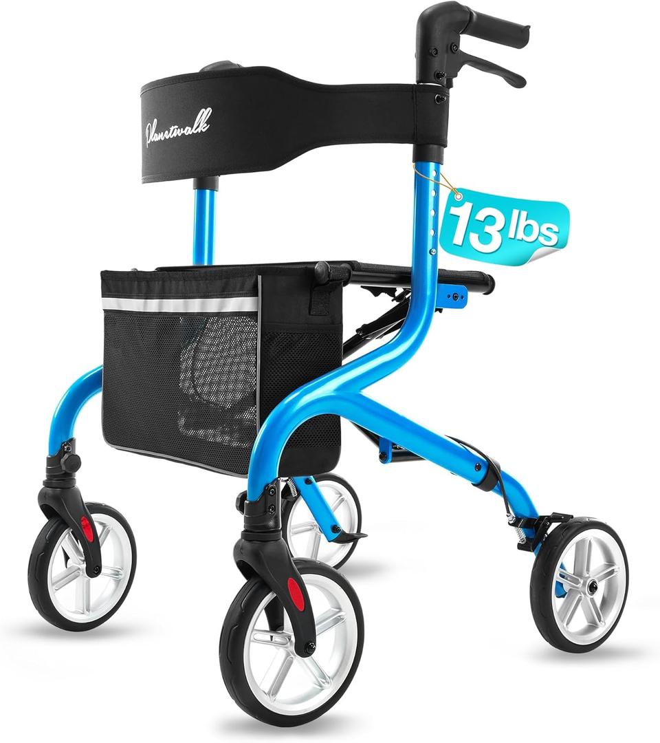 Super Lightweight Rollator Walker for Seniors, Foldable Rolling Walker with Seat and 8" Rubber Wheels for All Terrain, Unique Design Aluminium Frame Sturdy Walkers for Traveling - Blue