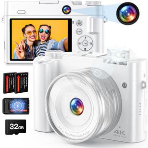 4K Digital Camera - 64MP Front & Rear with Autofocus & Anti-Shake, 3'' Selfie Vlogging Camera, Ultra Bright Flash, 16X Zoom (White)