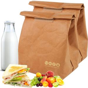 2 Pcs Insulated Brown Paper Lunch Bags, Reusable Lunch Bag Large Retro Sacks Thermal Insulation Food Storage Handbag for Adults Office Work Picnic Travel Snacks - 7.8"L x 5.9"W x 11.8"