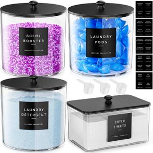 Galasily 4 Pack Laundry Pods Container, Clear Laundry Room Organization Containers,Large Acrylic Detergent Powder Storage Containers Black Wooden Lids & Labels, Dryer Sheet Holder