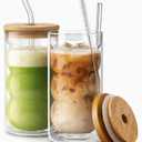 HAPPY PATH & CO. 2 Double Wall Glass Cups with Lids and Straws 16oz (480ml) - Glasses Drinking Set | Glass Tumbler with Bamboo Lid | Ribbed Bubble Glass Cups for Matcha, Coffee and Other Smoothies