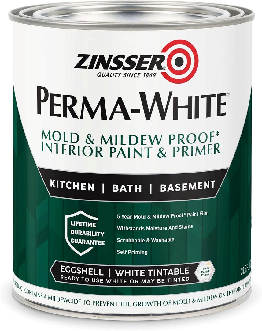 Zinsser 02774 PERMA-WHITE Mold & Mildew Proof Interior Paint, Quart, Eggshell White, 31.5 Fl Oz