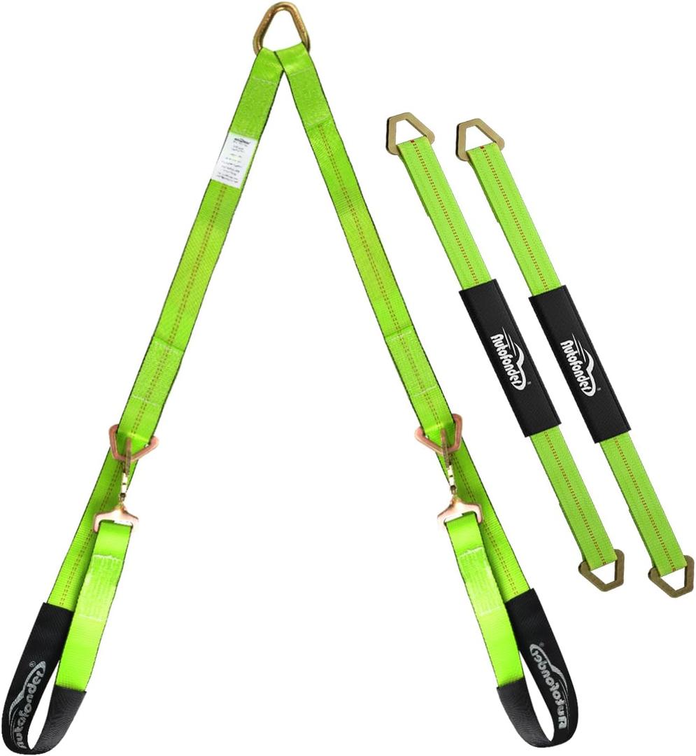 V-Bridle Strap 2" x 4' w/Snap Hooks w/Cordura Sleeve and 2 Pack 2"x 36" Axle Straps, D Ring Middle, for Car Hauler, Rollback, Flat Bed, Tow Truck, Wreck & Recovery (Green)