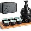 Ceramic Sake Set with Warmer Pot Tray, Stovetop Porcelain Pottery Hot Saki Drink Bottle, 10pcs Set 1 Stove 1 Warming Bowl 1 Sake Bottle 1 Tray 6 Cup Keep Sake Storage Box (Black)