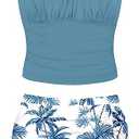 Girls Tankini Swimsuits Two Piece Tropical Print Pleated Bathing Suit with Ruffle Drawstring Skirt Swimwear (13-14 Years(
