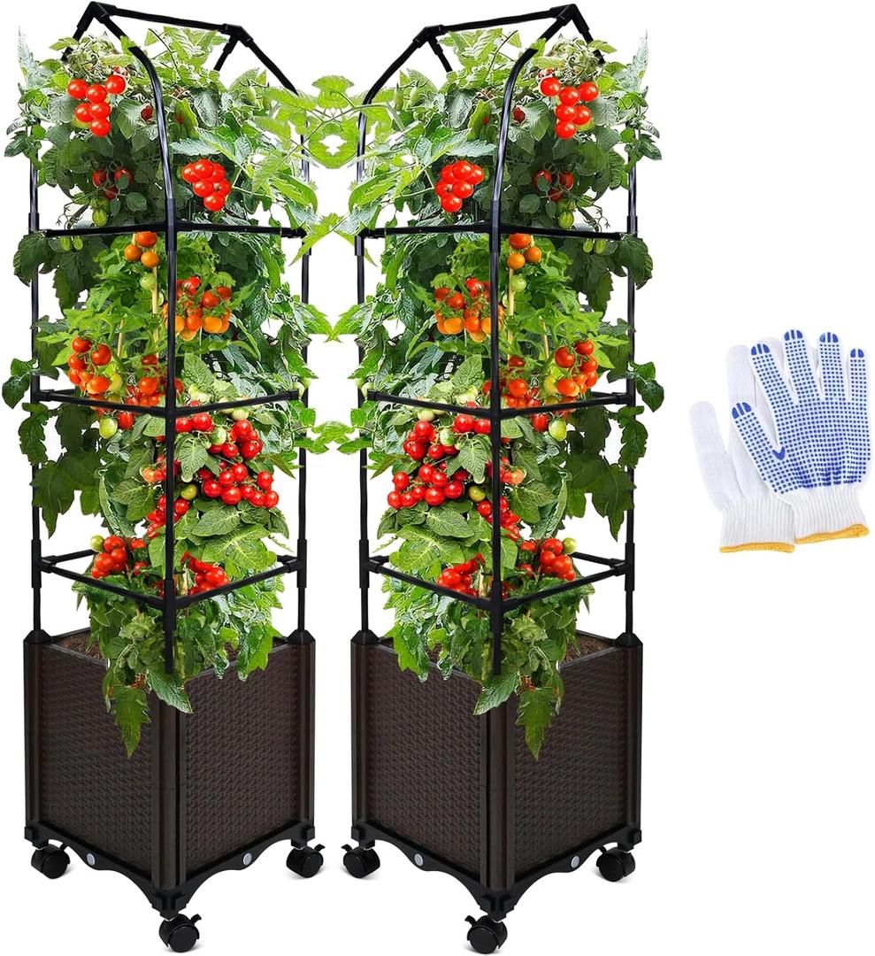 MQUPIN Raised Garden Bed Planter Boxes with Trellis,52''Self-Watering Tomato Planter Boxes with Trellis for Climbing Vegetables Plants Flowers Tomatoes with Wheels,Use for Indoor Outdoor(2 Pack)