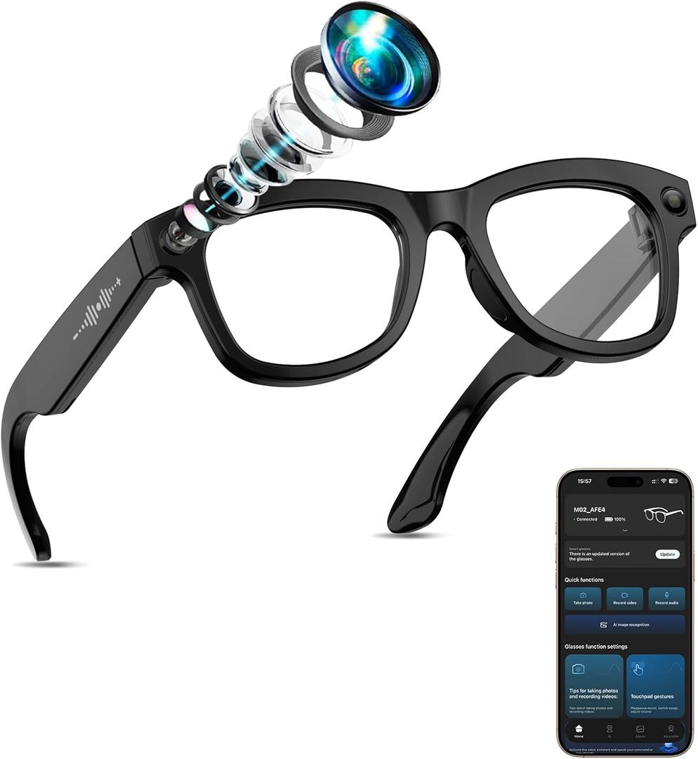 AI Smart Glasses with Camera Stabilization - 8MP POV Video Recording, Real-Time AI Translation, Smart Assistant, Dual-Mic Noise Canceling for Travel & Meetings - Anti-Blue Light, Black Frame