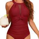 Zando Burgundy Swimsuit One Piece Swim Suits for Women 2026 Tummy Control Swimwear 2026 - High Neck Deep U-Back Mesh & Bow Detail Modest Full Coverage Halter Bathing Suit Burgundy, Medium