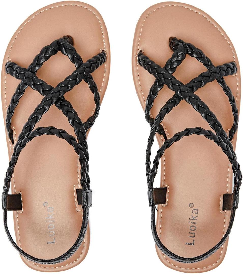 Luoika Women's Wide Width Flat Sandals, Flip Flop Casual Strapy Sandals Slip on Summer Beach Shoes for Women. (8.5 X-Wide, Black 812)