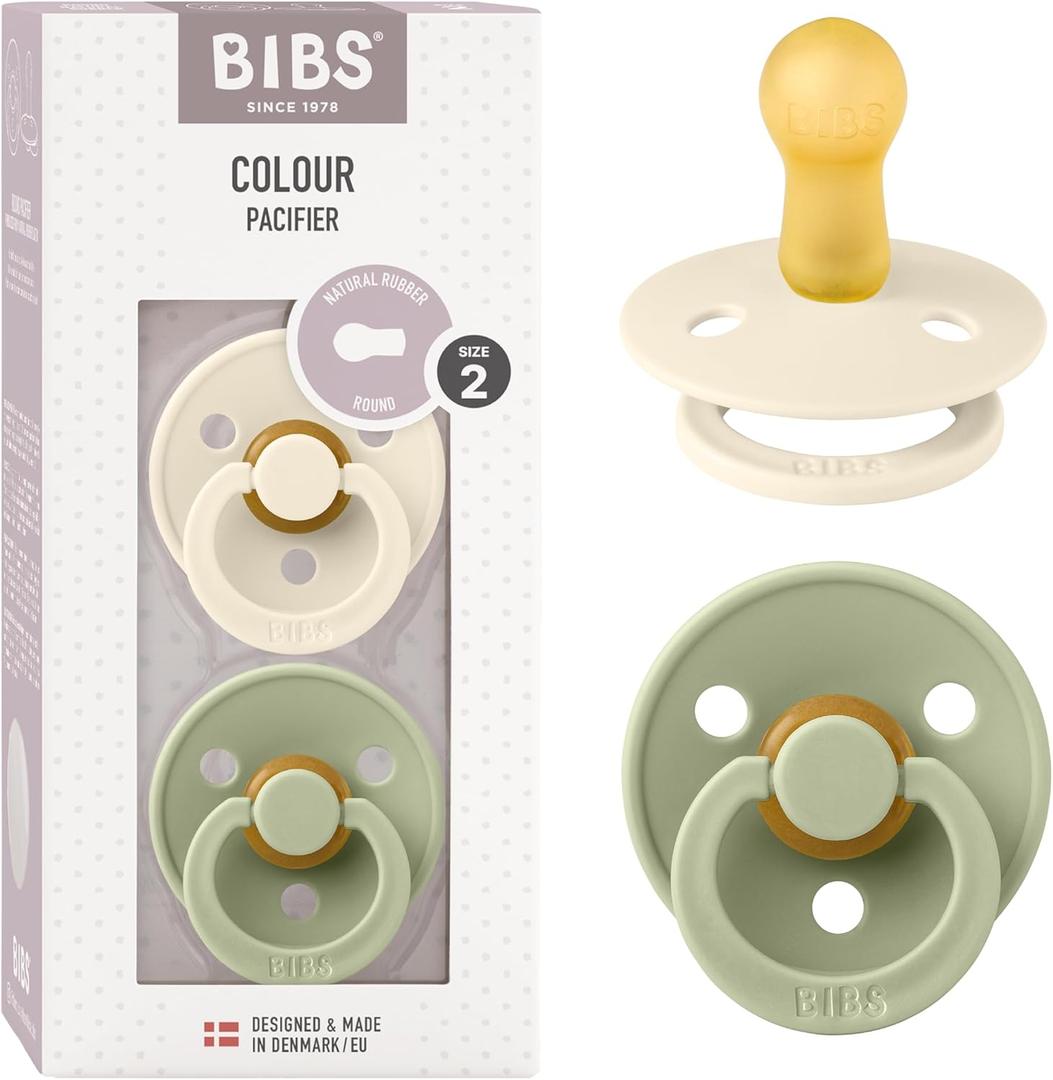 Bibs Colour Pacifier 2-Pack | BPA Free Soother, Round Nipple. Natural Rubber Latex, (Sage / Ivory)