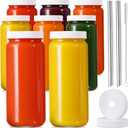 [ 8 Pack ] Glass Juicing Bottles with 2 Straws & 2 Lids w Hole- 16 OZ Travel Drinking Jars, Water Cups with White Airtight Lids, Reusable Tall Mason Jar for Juice, Bubble Tea, Smoothie, Tea, Kombucha