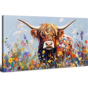 Western Bathroom Highland Cow Wall Art Abstract Scottish Cow Picture Wall Decor for Living Room Farmhouse Flower Animal Cattle Painting Canvas Colorful Floral Prints Kitchen Home Decorations 20"x40" (40L" x 20W")