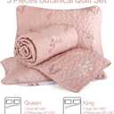 Drucon Blush Pink Quilt Set King Size 3 Pieces Floral Branch Botanical Quilt Bedspread, Reversible Floral Leaves Pattern Lightweight Microfiber Bedding Coverlet Set for All Season