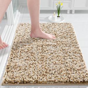 Yimobra Bath Mats for Bathroom Non Slip, 32x20, Extra Soft Chenille Bathroom Rugs, Fluffy Plush Luxury Shower Mat Outside, Water Absorbent, Machine Washable, Sink and Tub, Beige & Light Coffee