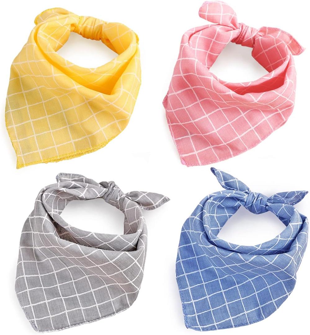 4PCS Spring Dog Bandanas Cat Birthday Cute Soft Cotton Puppy Scarfs Washable Daily Handkerchief Pink Yellow Blue Grey Comfortable Gifts, Adjustable Accessories for Small Medium Large Girl Boy Pup Pet (Plaid)